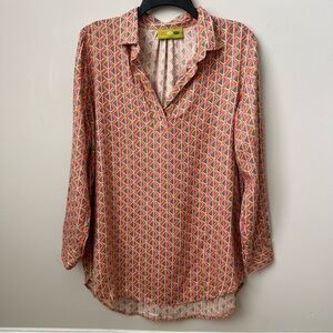 Rock Flower Paper Faye Twill Poet Tunic Top Gray Pink Orange Split Neck Sz S